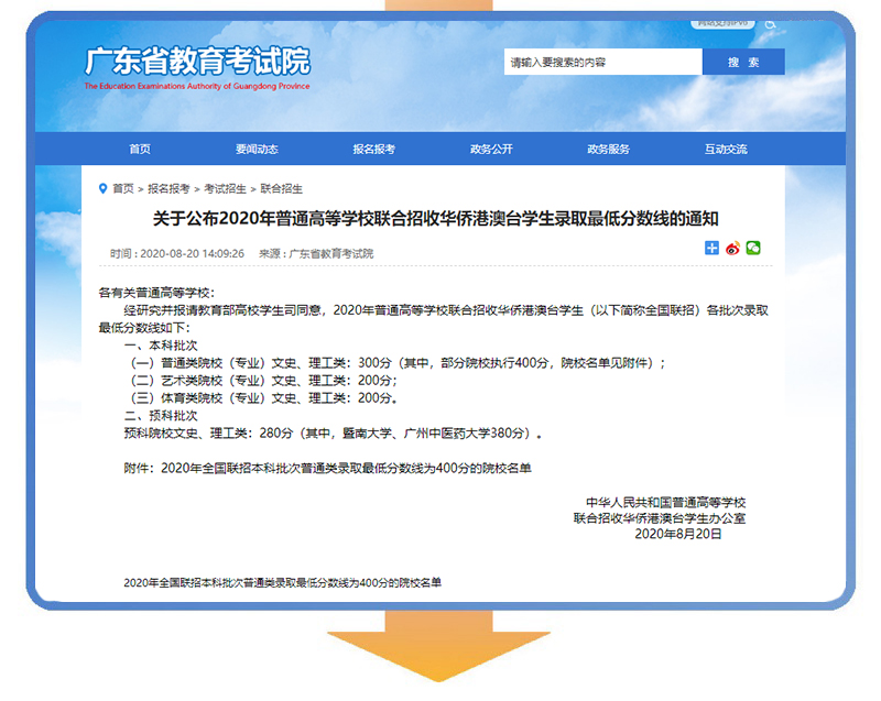 2020年华侨港澳台联考最低录取分数